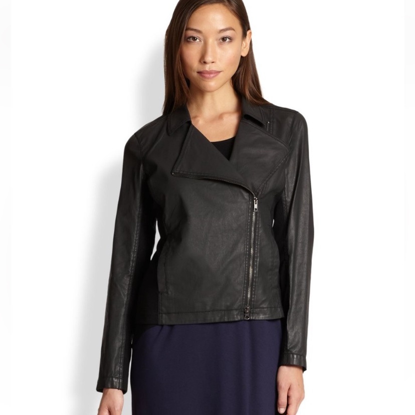 Eileen Fisher Motorcycle Jacket Moto Black Lamb Leather Blazer Coat - M